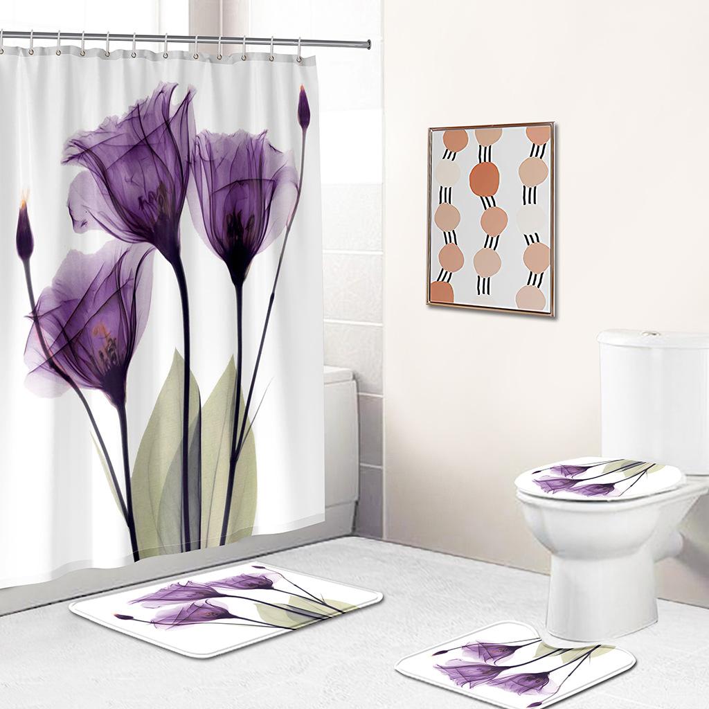 digital printing waterproof shower curtain four-piece bathroom carpet shower curtain four-piece waterproof non-slip bathroom four-piece set
