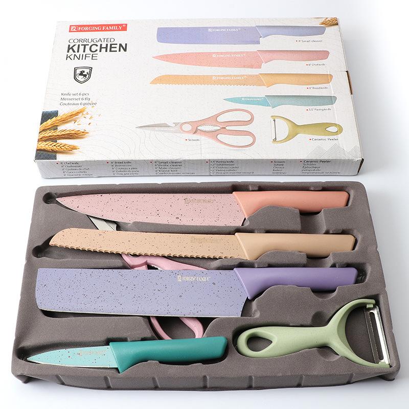 One Piece Dropshipping Color Straw Knives Six-Piece Set Knives Package Gift Box Kitchen Knife Cleaver Household full figure