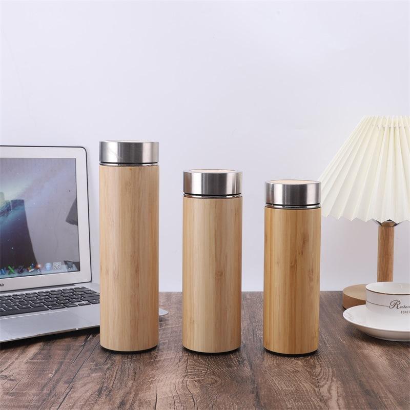 cross-border bamboo shell cup straight body bamboo tray gift bamboo cup 304 stainless steel coffee cup bamboo shell warm-keeping water cup