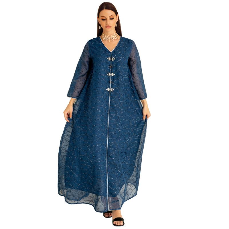 Ab236 Middle East Muslim Clothing Mesh Breathable Four Seasons Universal Abaya Handmade Beaded Temperament Dress Item Picture