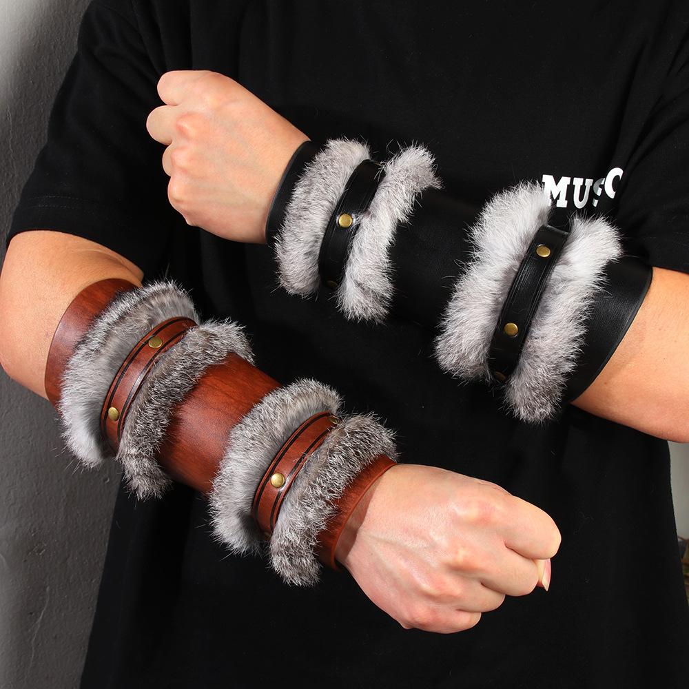 europe and america cross border viking style leather wristband medieval vintage artificial leather wristband rabbit fur thickened outdoor arm guard full figure