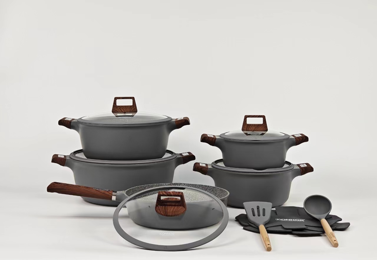 Fuli Series 15-piece set: 20/24/28/32 soup POTS, 28 deep frying pans, silicone LIDS, bottom stacked five-layer color boxes with gold foil, 2 sets per box. Colors: black, gray, dark gray details Picture