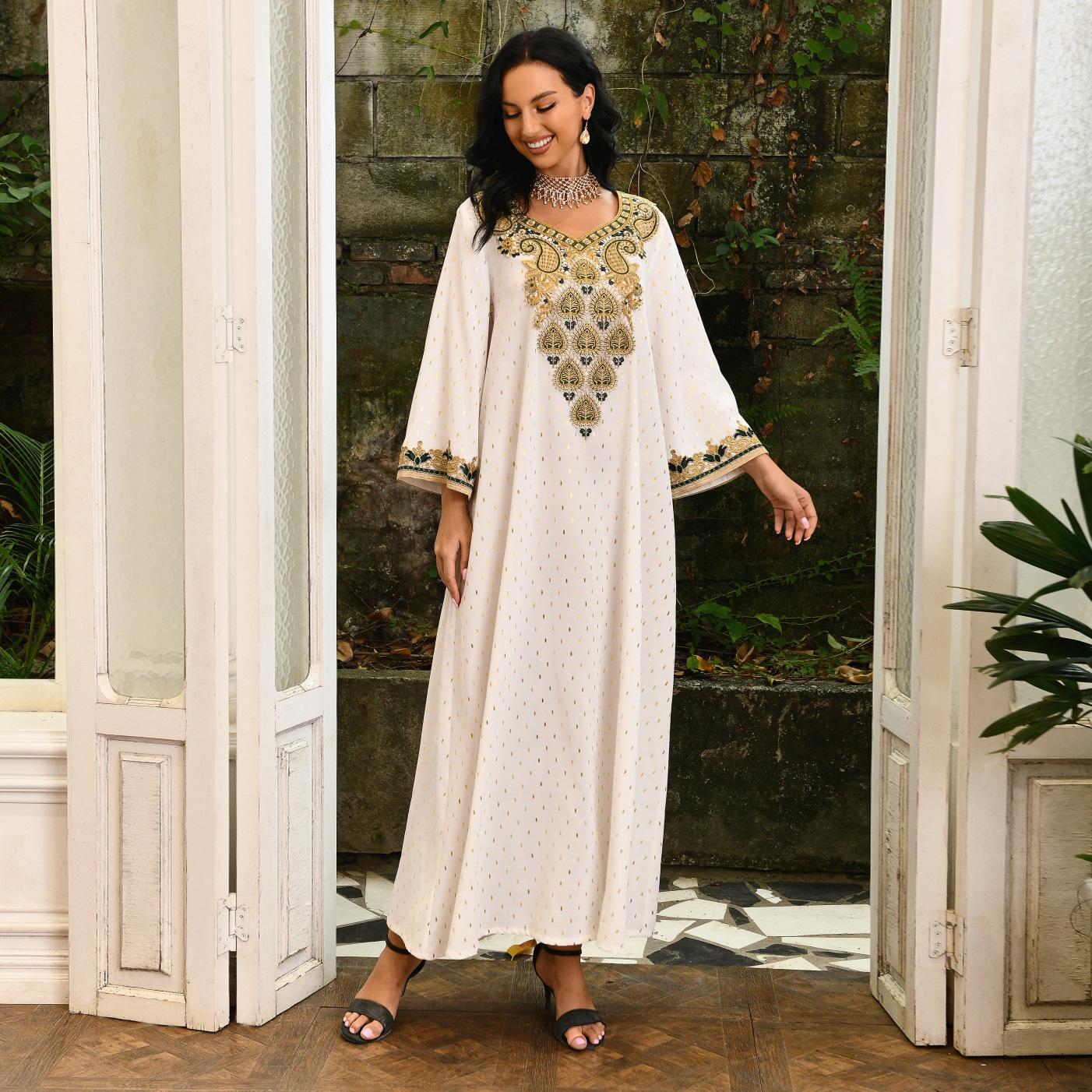Ab297 2023 Middle East Bronzing Robe Cross-Border Clothing Muslim Light Luxury Lace Arab Ladies Abaya