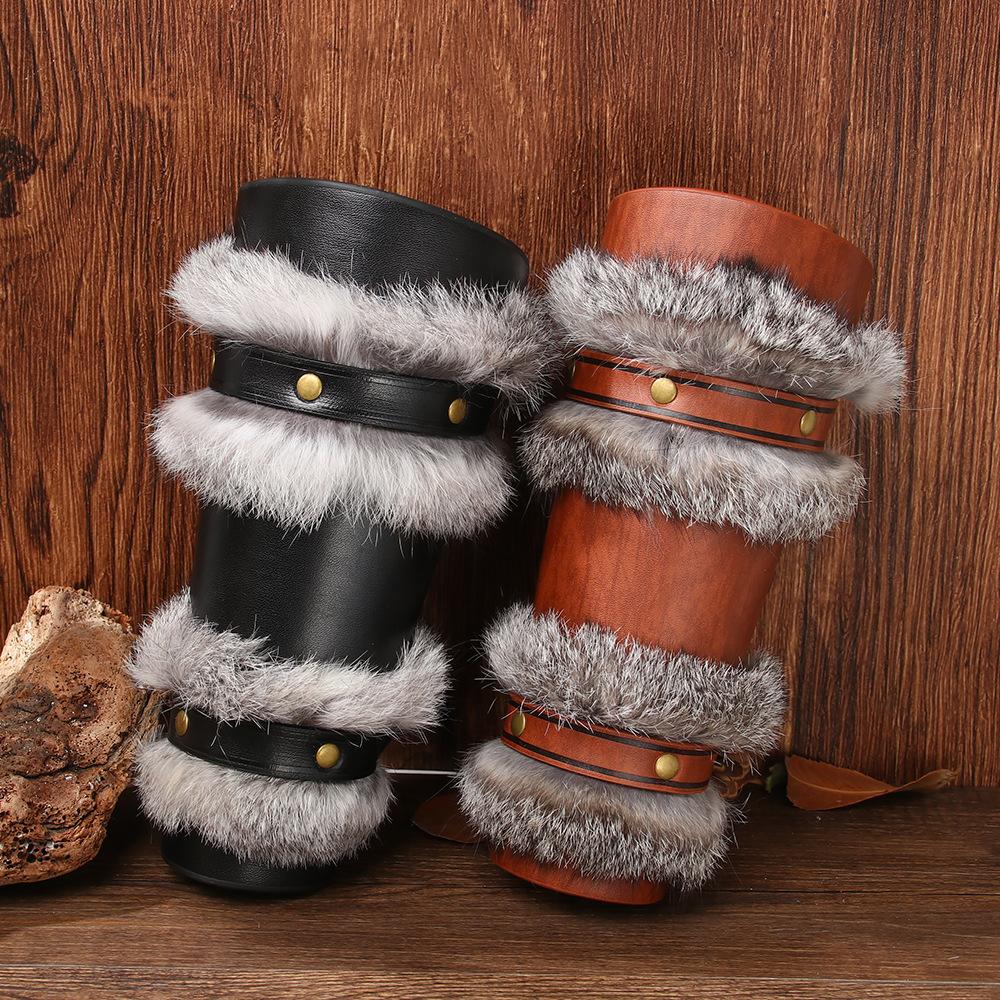 europe and america cross border viking style leather wristband medieval vintage artificial leather wristband rabbit fur thickened outdoor arm guard details Picture