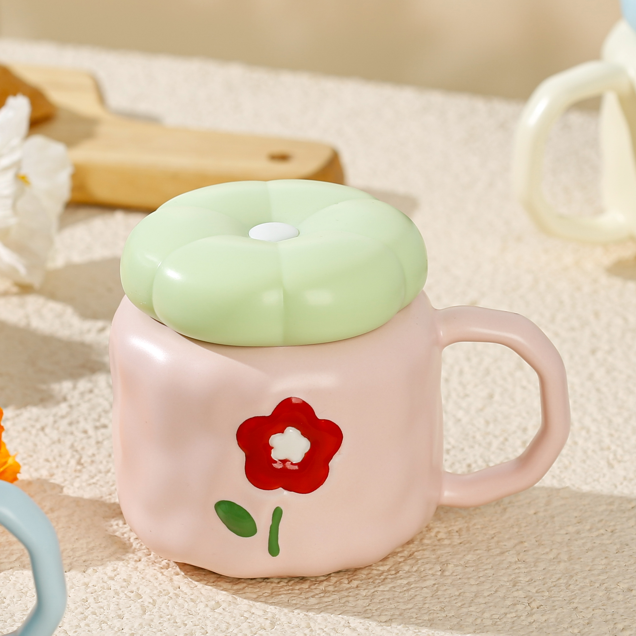 小清新花朵陶瓷杯陶瓷杯学生款可爱马克杯套装 附杯子盖带盖高颜值创意马克杯伴手礼杯子女生办公室水杯 伴手礼精选 实用耐用 