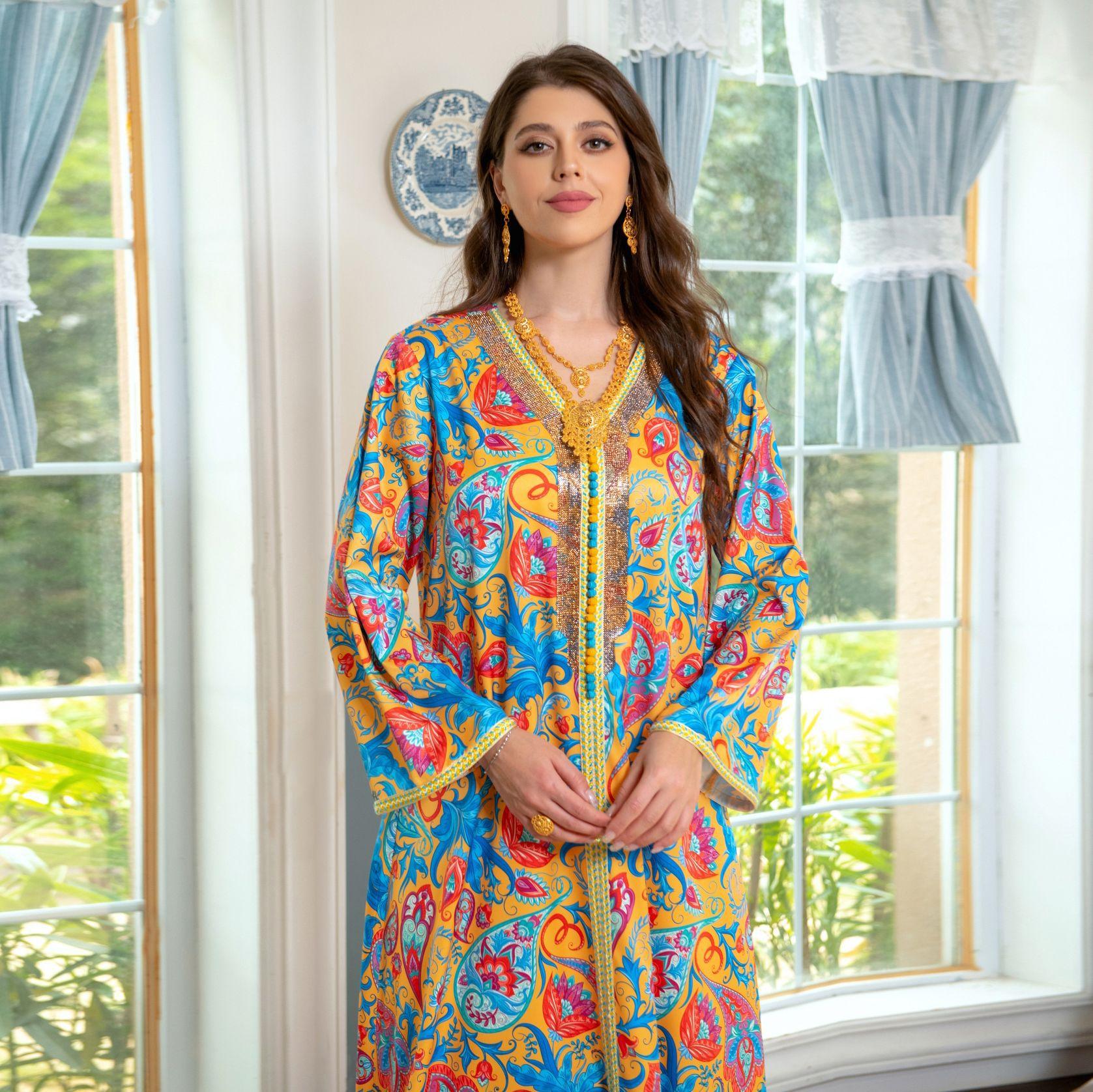 Ab305 Muslim Abaya Women's Clothing Middle East Saudi Arabia Casual Home Gold Rhinestone Printed Robe details Picture