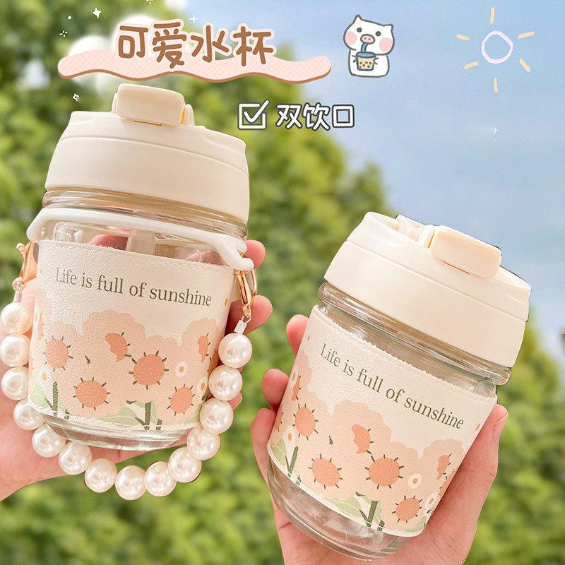 good-looking glass printed pearl cup gift cup with straw portable water cup coffee double drink cup gift cup