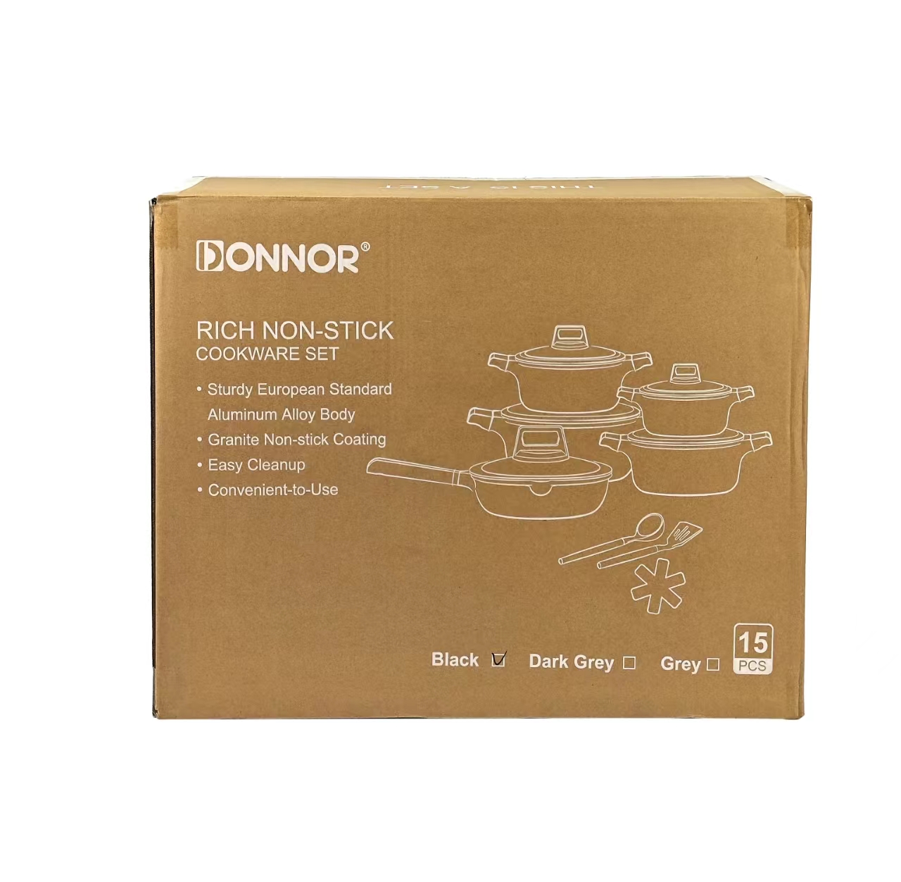 Fuli Series 15-piece set: 20/24/28/32 soup POTS, 28 deep frying pans, silicone LIDS, bottom stacked five-layer color boxes with gold foil, 2 sets per box. Colors: black, gray, dark gray Item Picture