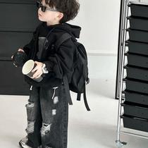 children's suit 2024 spring new korean style boys' western style printed sweater baby ripped jeans two-piece set