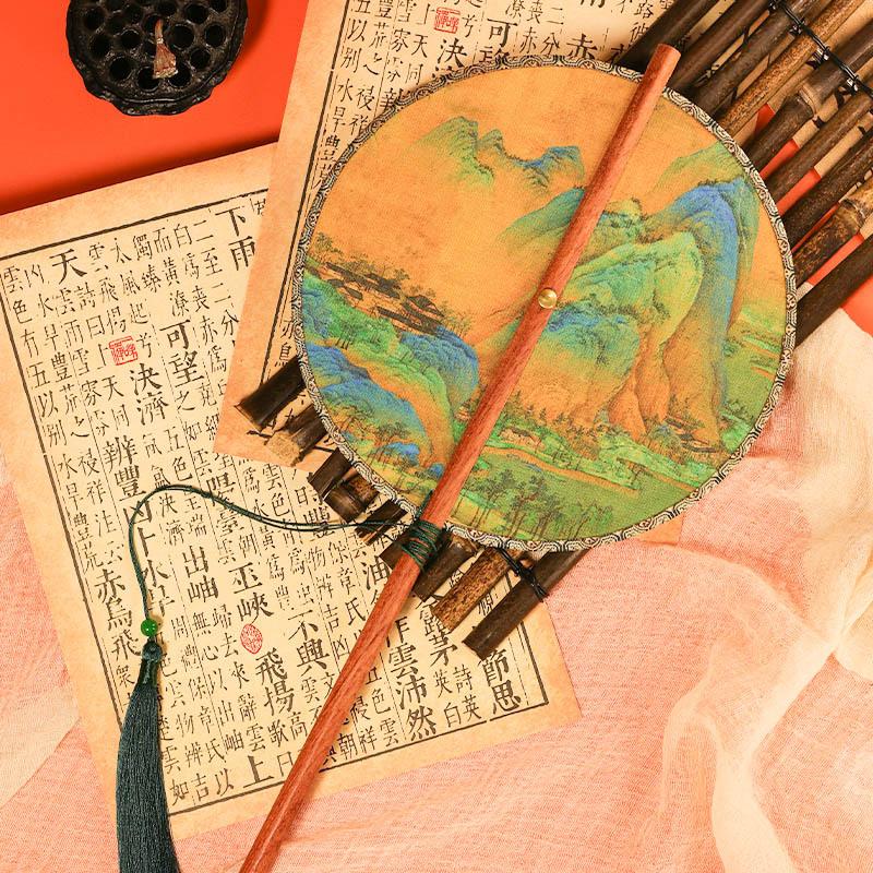 rosewood long handle ancient style waist fan rolling rotating circular fan folding circular fan archaistic circular fan circular fan bamboo fan tail fan bamboo grate fan