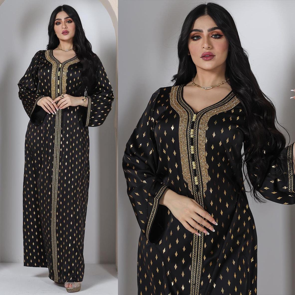 AB204 Cross-Border Supply Middle East Hot Fix Rhinestone Series Black Background Bronzing Muslim Eid Al-Adha Arab Lady Abaya