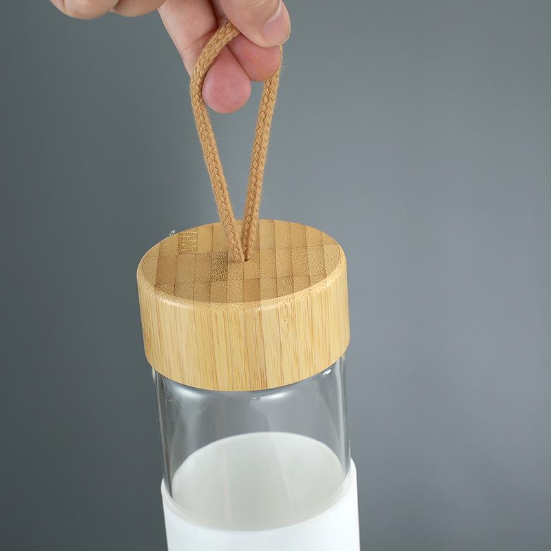 Borosilicate Glass with Silicone Cover Creative Bamboo Cover Single Layer Water Cup summer New Portable Portable Cup with Rope Specification drawing