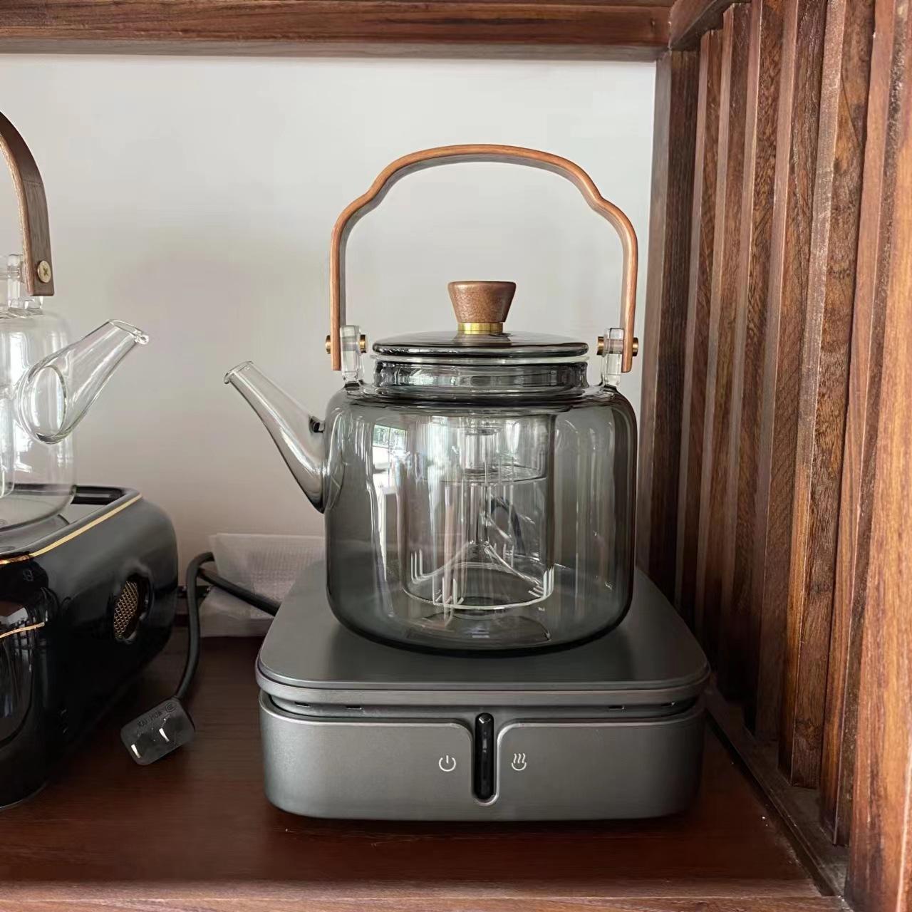 wooden handle smoky gray borosilicate glass loop-handled teapot large capacity with strainer teapot transparent glass tea maker details Picture