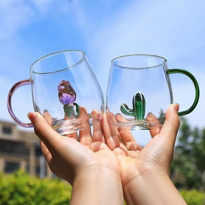 factory direct supply rose tulip heat-resistance glass three-dimensional creative fashion simple glass water cup details Picture