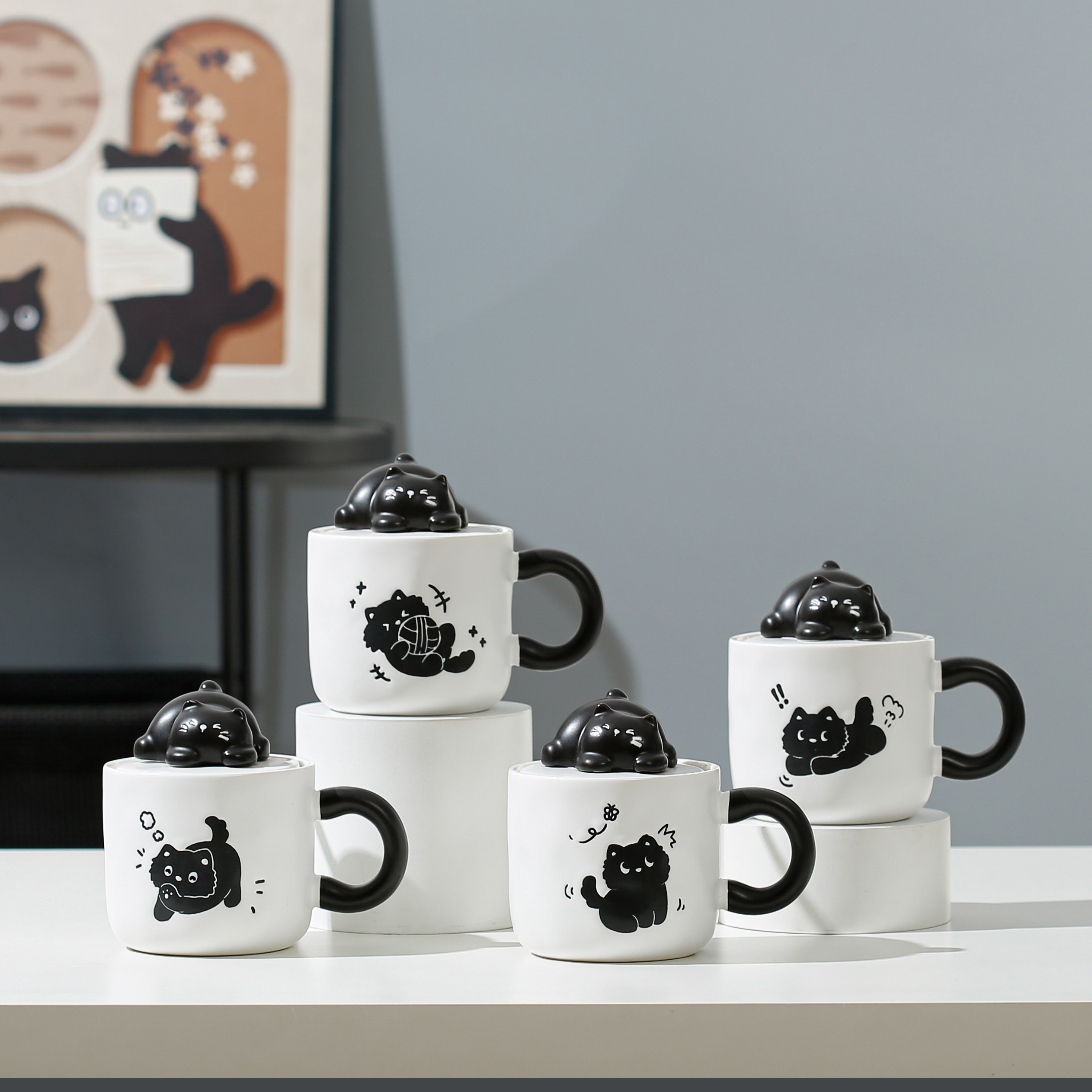 Personalized cat mug with lid as a souvenir cup, cute ceramic cup, cartoon ceramic cup, student style cute mug set with lid as a souvenir, carefully selected practical and durable water cup gift, high appearance level, Internet celebrity Item Picture