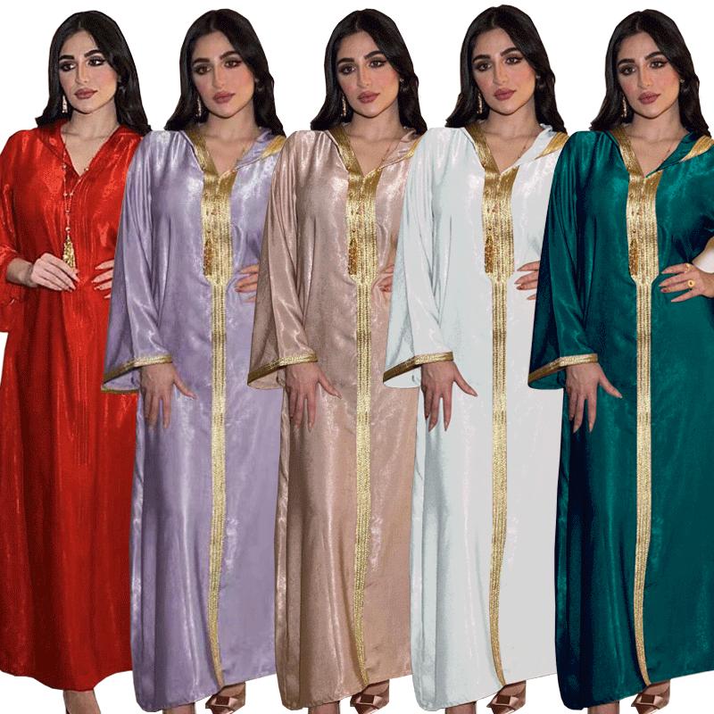 Ab034 Cross-Border Middle East Dubai Champagne Hooded Lace Suede Gown Muslim Robe Female Abaya in Stock