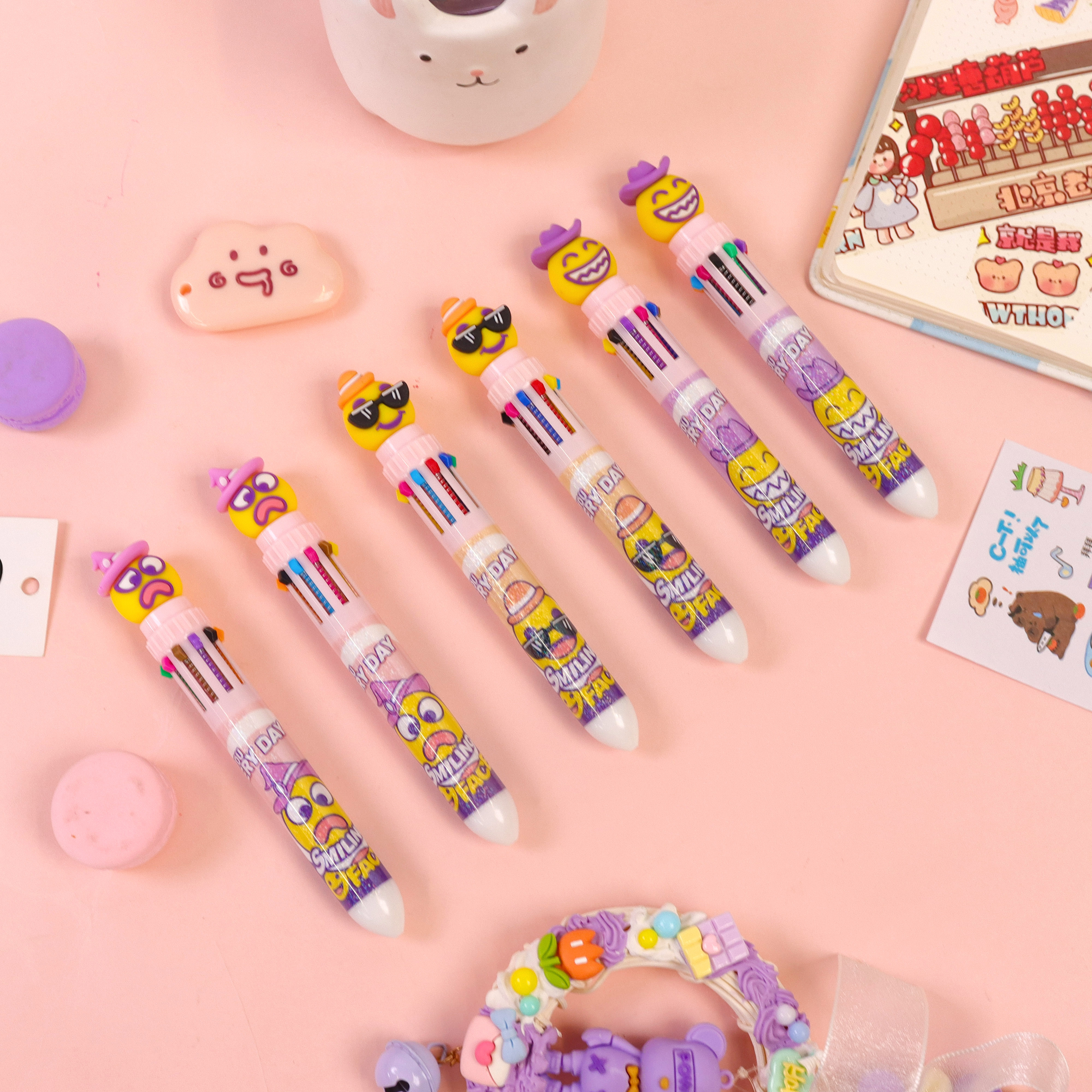 Ten-color smiling face multi-color pen creative stationery, ten-color ballpoint pen cartoon student multi-color press ballpoint pen wholesale cross-border new product direct supply from the manufacturer details Picture