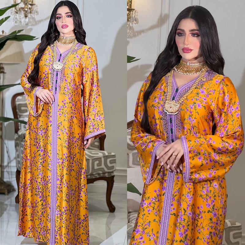 Ab317 Middle East Abaya Muslim Fashion Printed Rhinestones Dress Dubai Jalabiya Women Ins Style