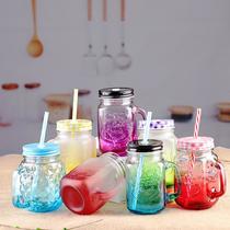 manufacturer coctail glass handle cup mason cup transparent thickening glass printable logo with lid fruit drink cup