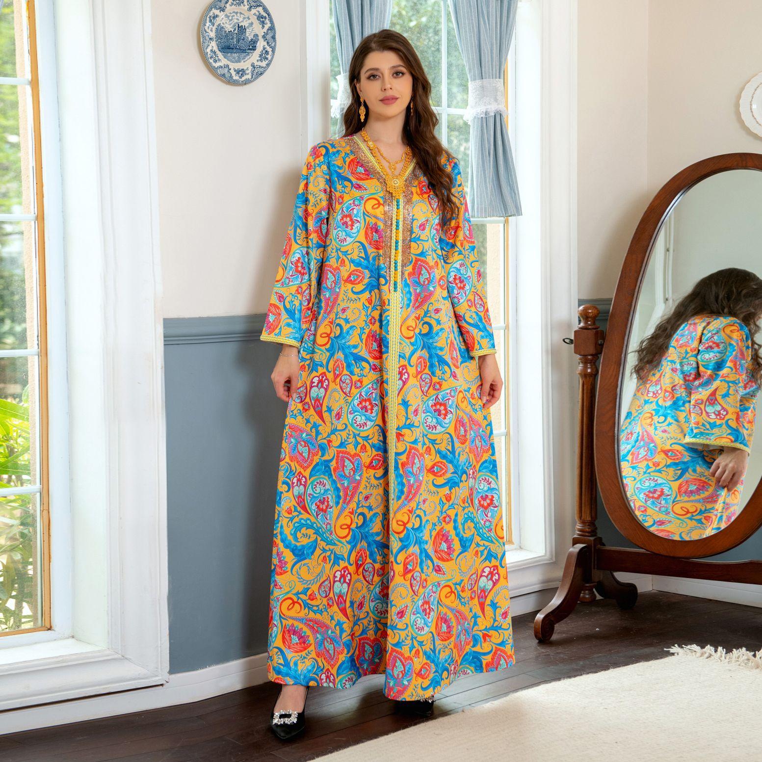 Ab305 Muslim Abaya Women's Clothing Middle East Saudi Arabia Casual Home Gold Rhinestone Printed Robe full figure