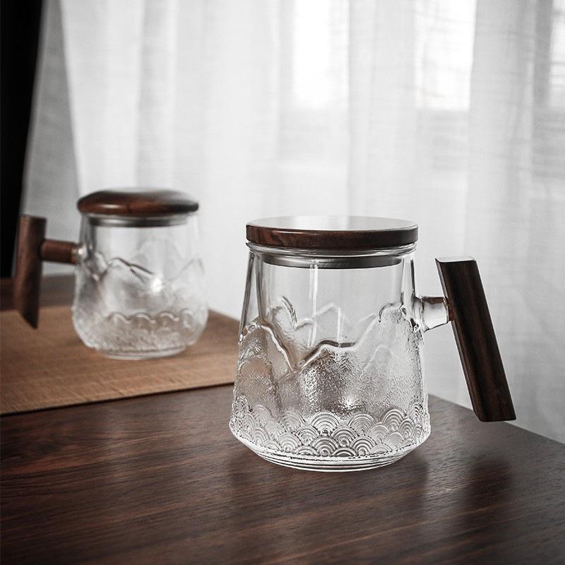 mountain and sea grain glass walnut three cups with cover strain tea cup office tea water separation scented tea cup full figure