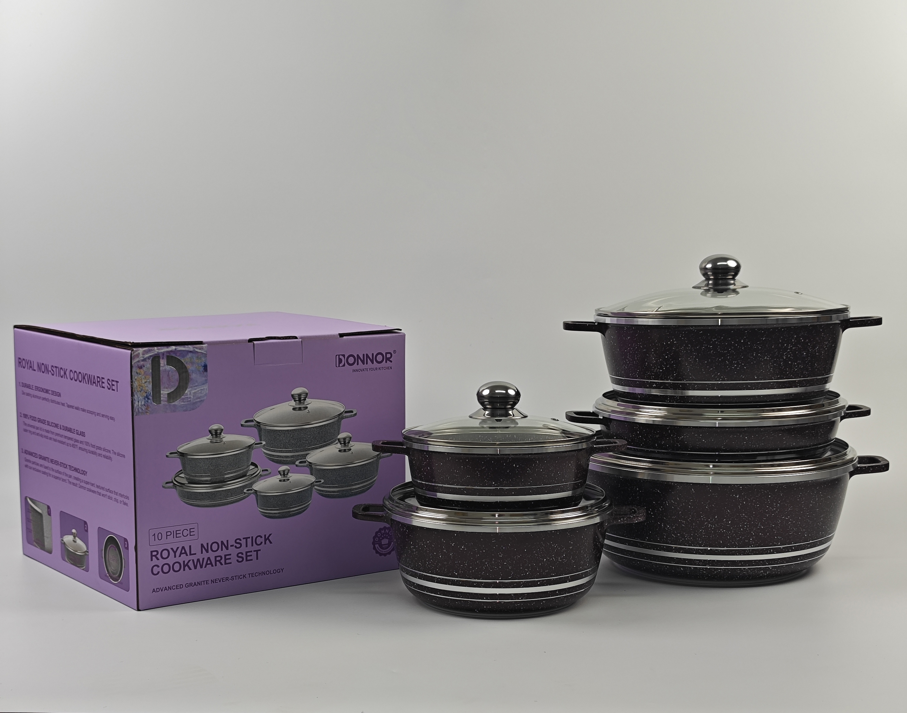 Elegant Series 10-piece set: 20/24/28/32 soup pot, 28 shallow soup pot, G-shaped lid, five-layer silver-embossed color box under the car, 4 sets per box. Colors: black, wine red, brown, gray Specification image