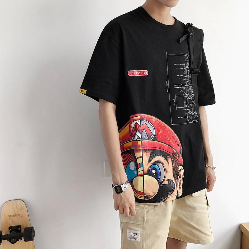 summer print t-shirt super mary anime short sleeve weight-catcher men's loose-fitting plus size large size clothes trendy t-shirt