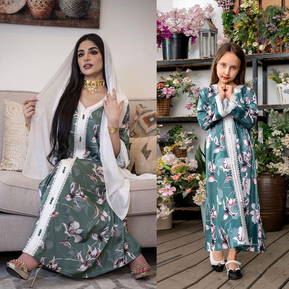 ab009 middle east women's clothing amazon cross-border printed long lace dress abaya muslim jalabiya