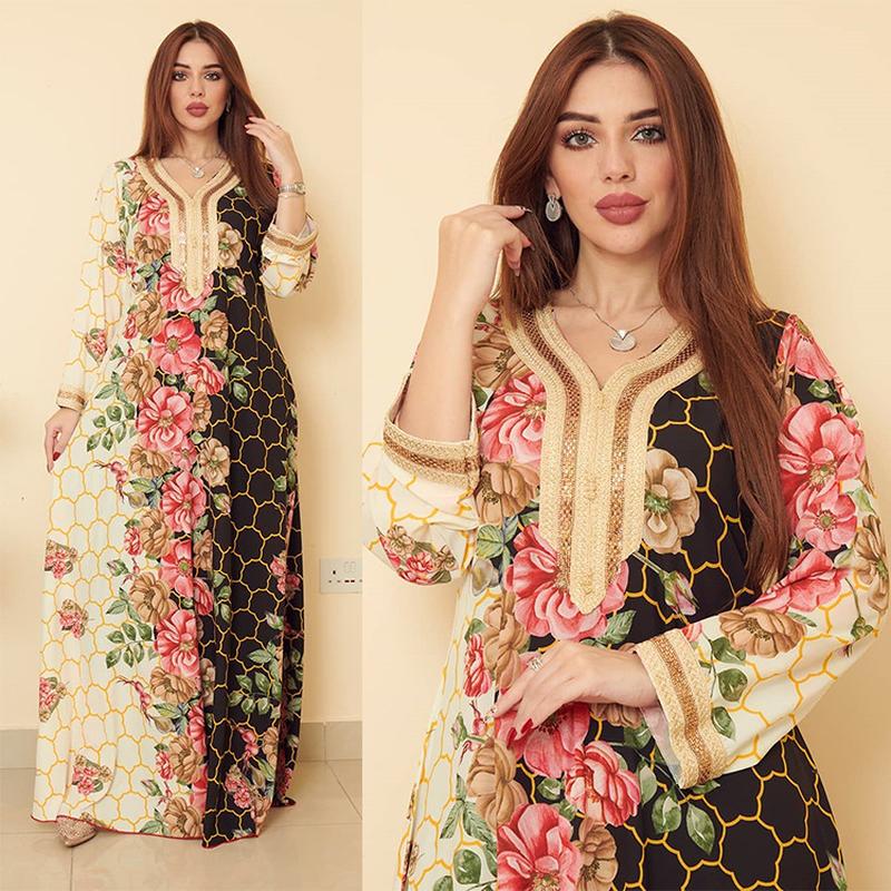 Ab222 Middle East Hot Sale Large Swing Ethnic Style Lace Rhinestone Long Sleeve Loose Abaya Positioning Printing Muslim