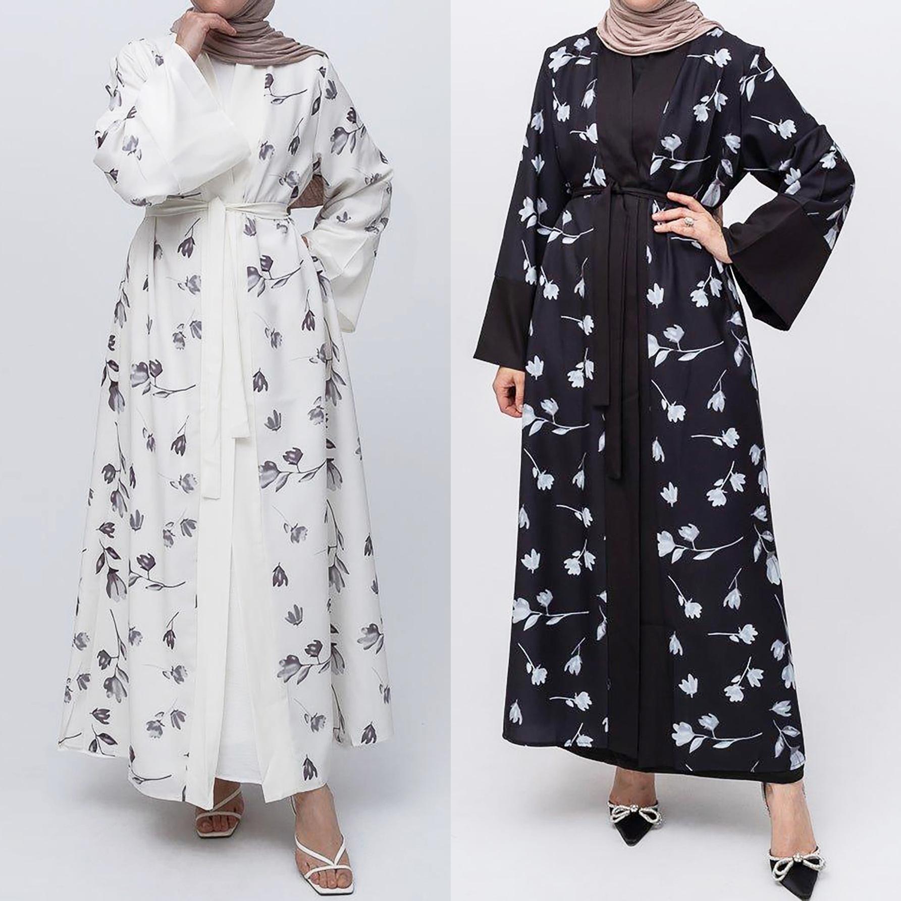 m259# cross-border women's clothing muslim women abaya middle east cardigan robe colorblock flare sleeve print dress