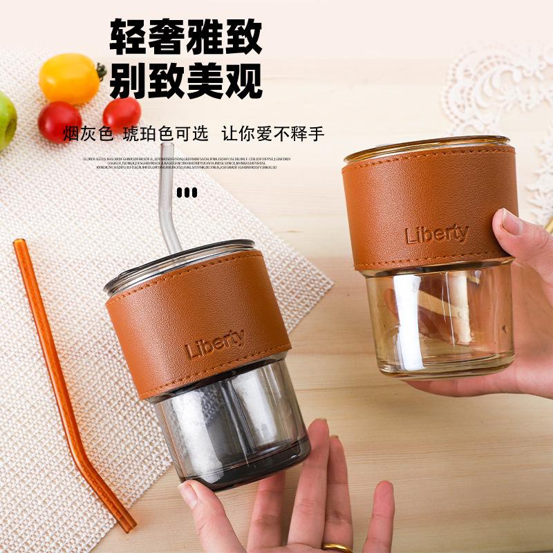 glass bamboo cup straw cup glass water cup drink coffee cup with leather case color box