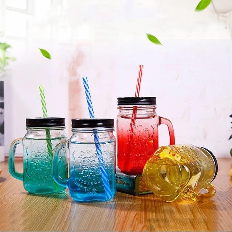 spot glass mason cup gradient juice cup coctail glass transparent mason cup with straw milk tea and beverage cup lettering Specification drawing
