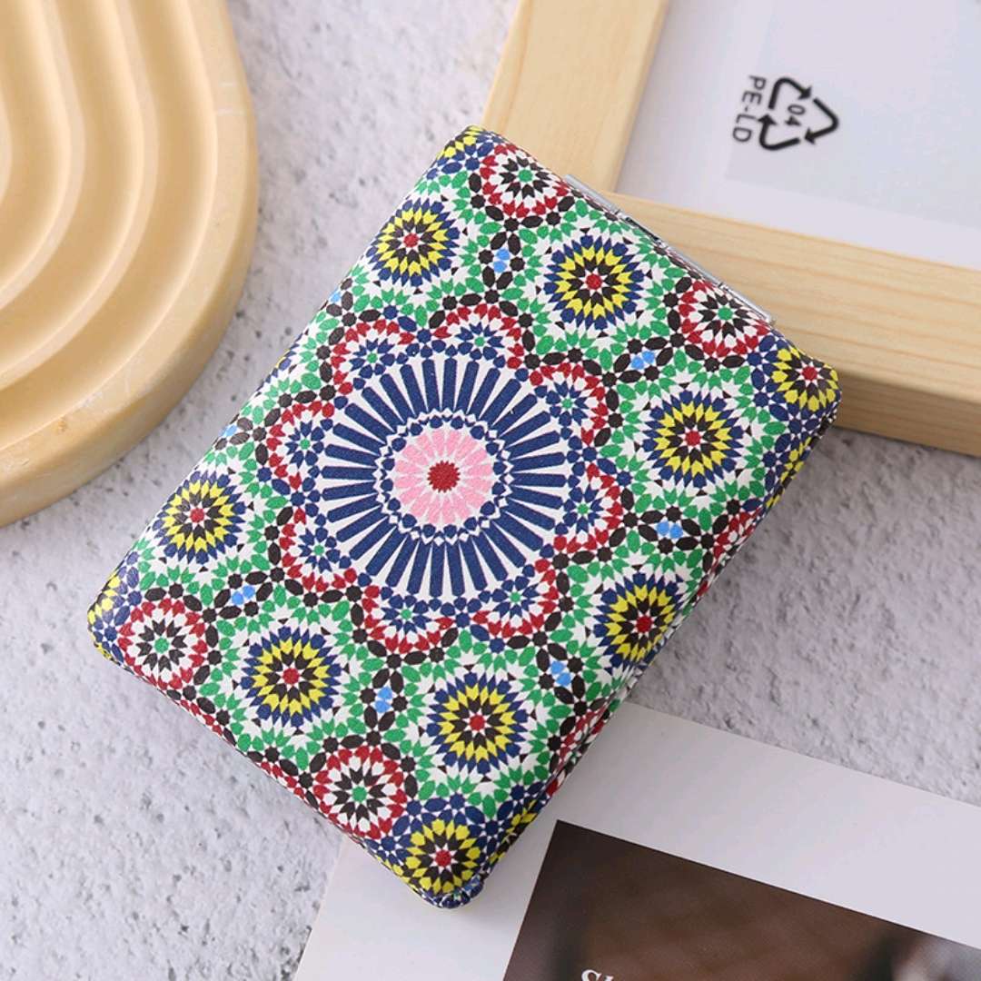 化妆折叠镜长方形面包镜复古风卡通印花便携厚款双面pu口袋化妆镜女生口袋镜白底实物图