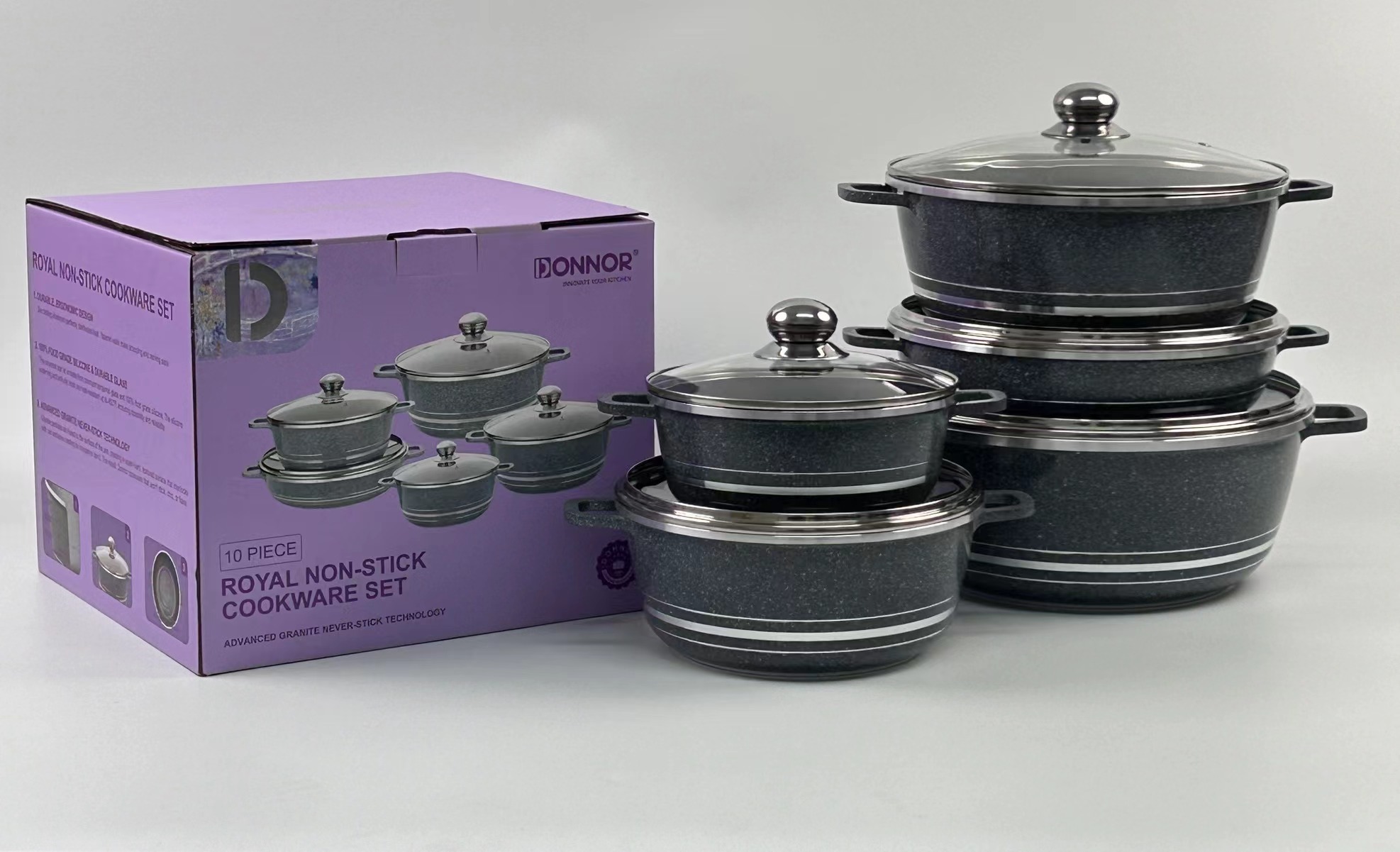 Elegant Series 10-piece set: 20/24/28/32 soup pot, 28 shallow soup pot, G-shaped lid, five-layer silver-embossed color box under the car, 4 sets per box. Colors: black, wine red, brown, gray details Picture
