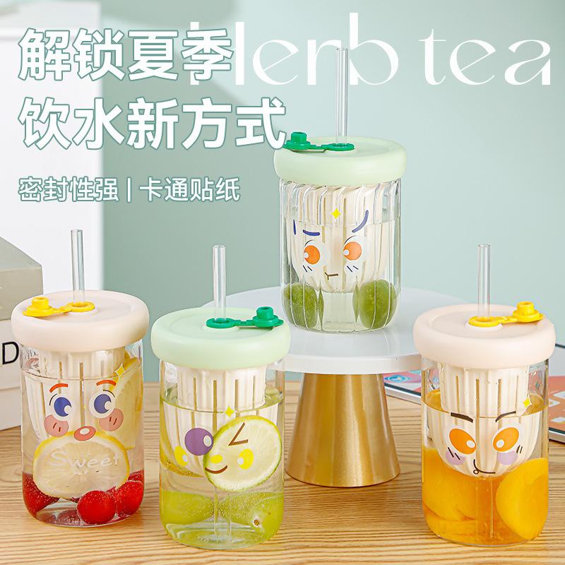 450ml glass water cup coffee cup straw cup tea separation cup lemon cup transparent glass flower tea cup