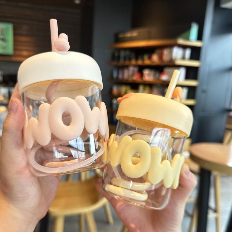 internet celebrity glass girls' cup ins good-looking double drink straw cup borosilicate heat-resistant creative non-slip full figure