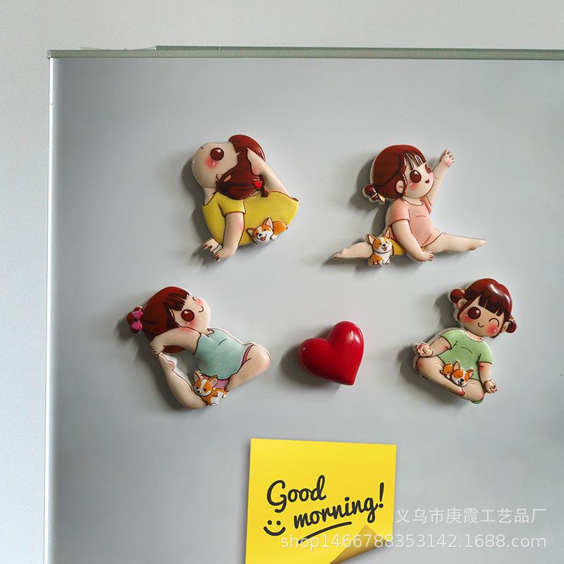 cute refrigerator stickers creative yoga girl resin cartoon stereo 3d magnetic stickers anime magnet home decoration details Picture