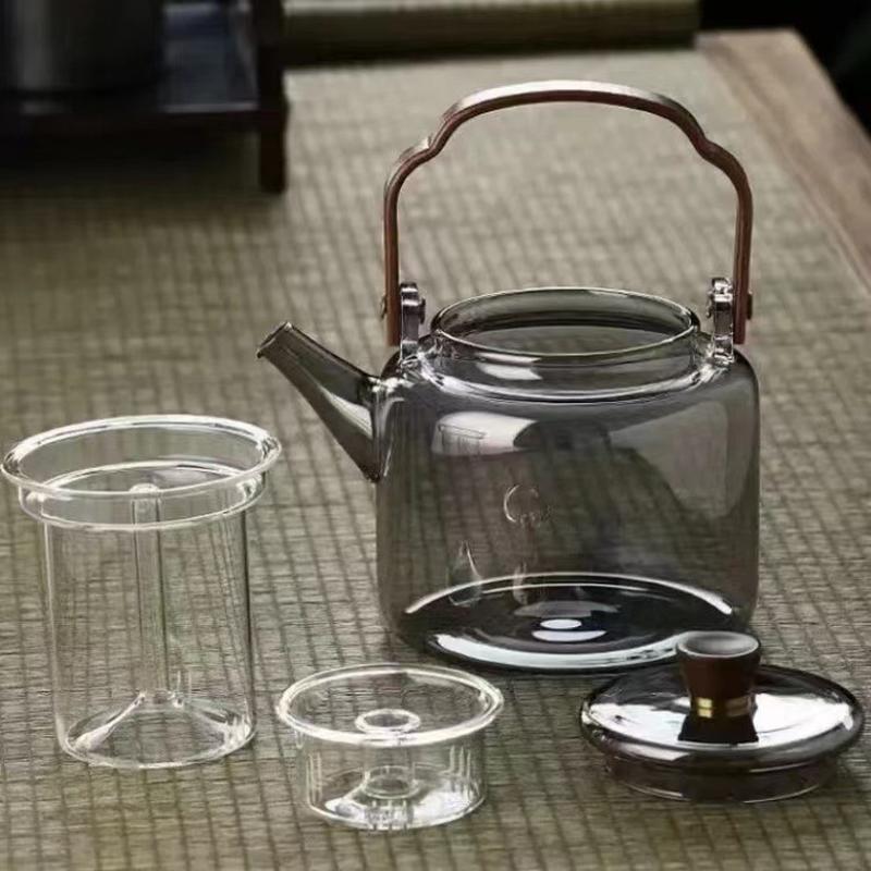 wooden handle smoky gray borosilicate glass loop-handled teapot large capacity with strainer teapot transparent glass tea maker Application Scenario