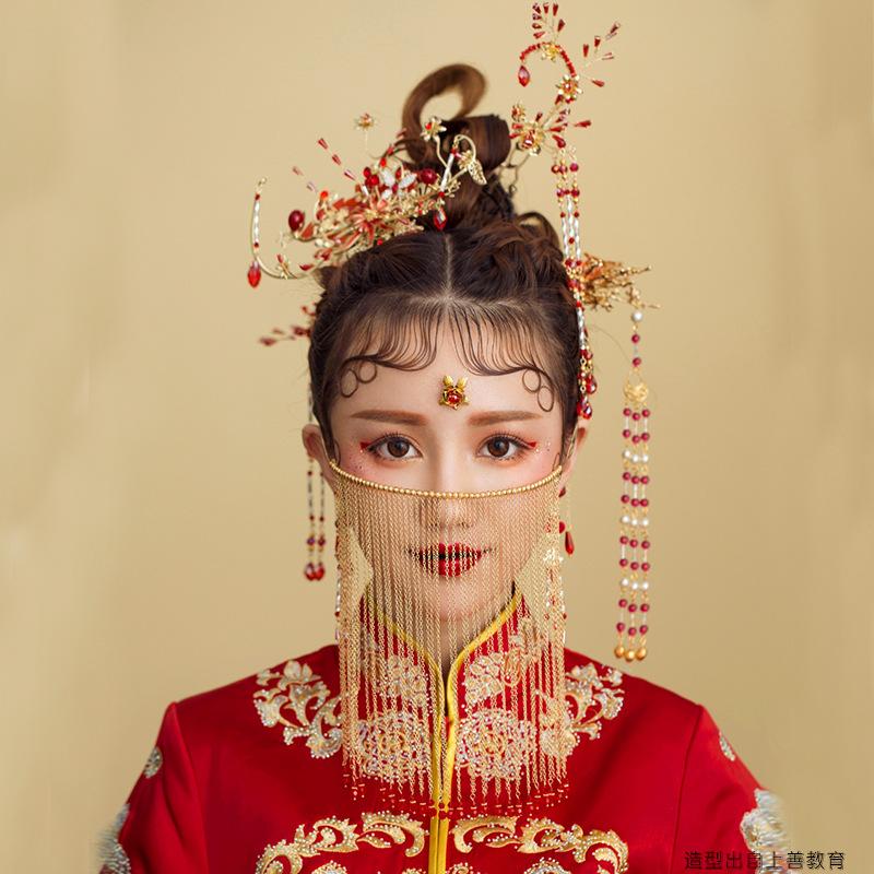 new chinese style bride wedding headdress retro tassel mask xiuhe clothing phoenix coronet accessories hazy beauty step shake Specification drawing