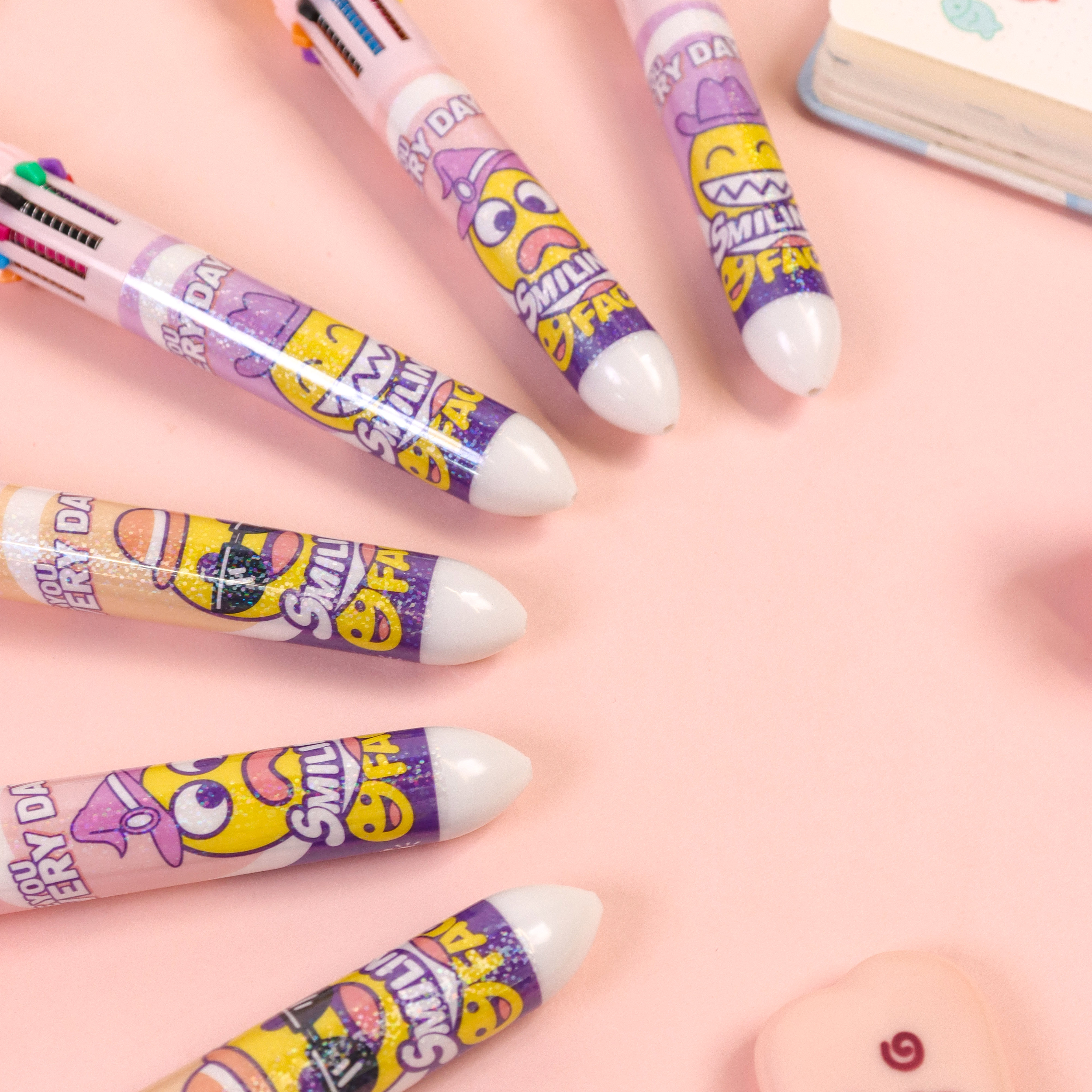 Ten-color smiling face multi-color pen creative stationery, ten-color ballpoint pen cartoon student multi-color press ballpoint pen wholesale cross-border new product direct supply from the manufacturer Application Scenario