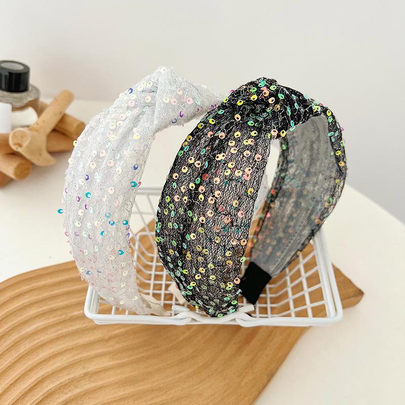 2023 New Korean Style Sequined Mesh Knotted Headband Female Sweet Beauty High Skull Top Headband Fashion Wild Wide Edge Hair Accessories full figure