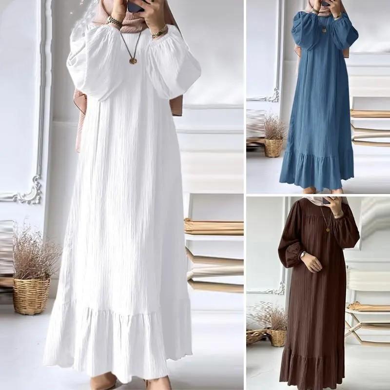 women fashion o-neck long sleeve muslim abaya dress vintage solid ruffles hem sundress