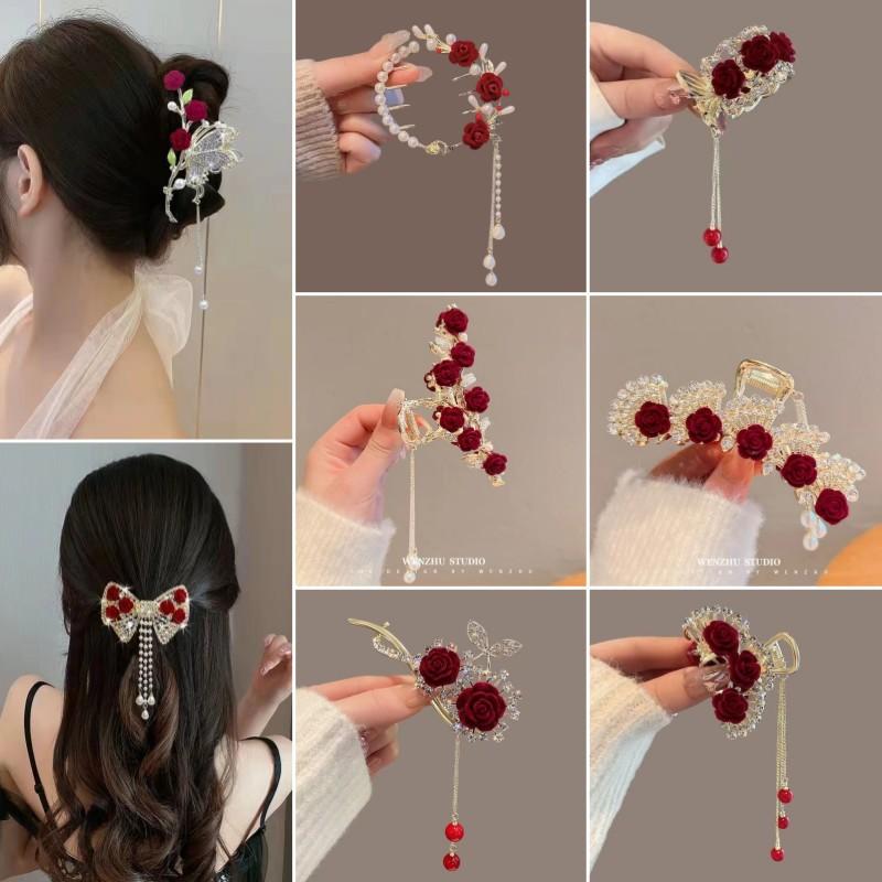 Antique Red Rose Tassel Hairpin Female Good-looking Updo Banana Clip Grip Ba Head Shark Clip Balls Clip