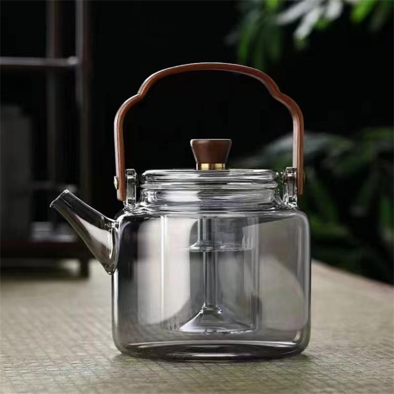wooden handle smoky gray borosilicate glass loop-handled teapot large capacity with strainer teapot transparent glass tea maker Specification drawing