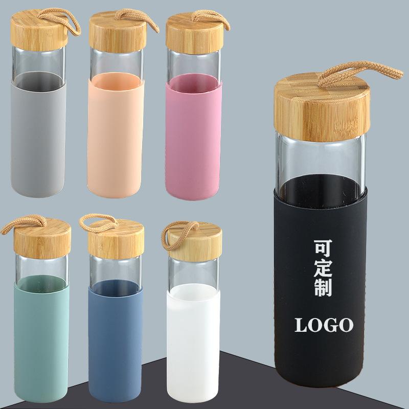 Borosilicate Glass with Silicone Cover Creative Bamboo Cover Single Layer Water Cup summer New Portable Portable Cup with Rope full figure