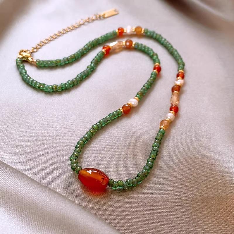 freshwater pearl retro new chinese agate necklace imported rice-shaped beads stringed beads clavicle chain titanium steel emerald necklace for women