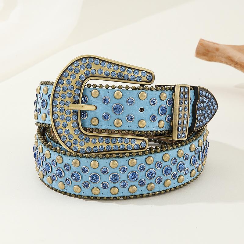 foreign trade fashion wild rhinestone belt artificial leather belt men and women wholesale european hip hop punk willow belt
