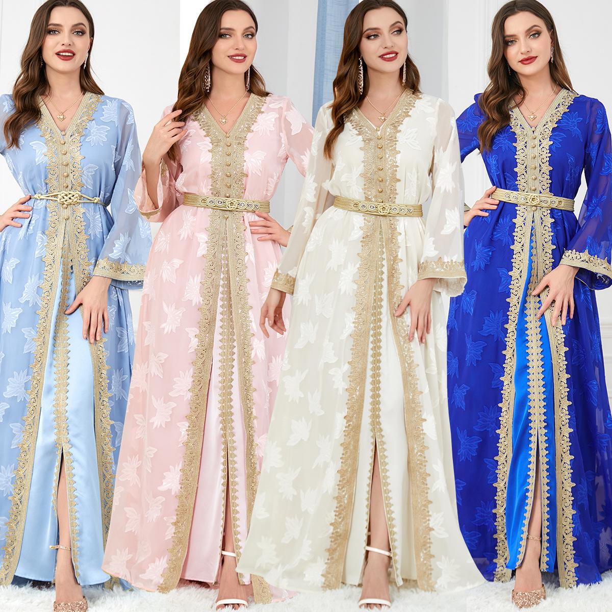 3213 Middle East Arab Clothing Abaya Women's V-neck Long Sleeve European and American Foreign Trade Two-Piece Cross-Border Dress