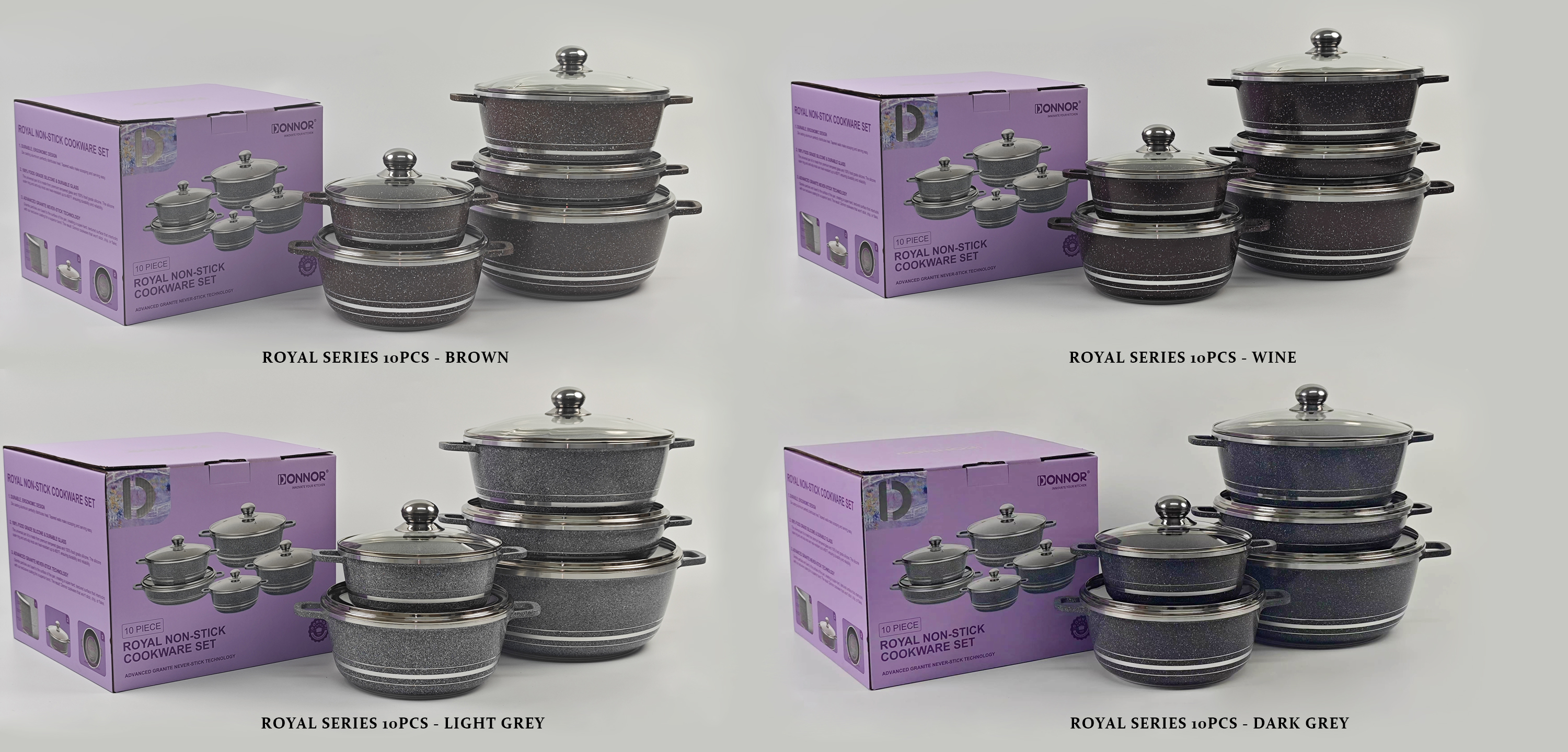 Elegant Series 10-piece set: 20/24/28/32 soup pot, 28 shallow soup pot, G-shaped lid, five-layer silver-embossed color box under the car, 4 sets per box. Colors: black, wine red, brown, gray Item Picture