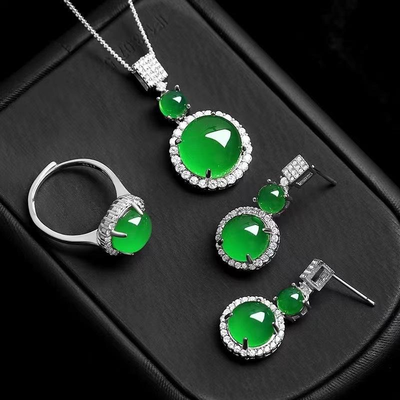 Imitation Jade Natural Agate Emerald Ornament Set Earrings Rings Pendants Resin Emerald Green Women's Elegant Ornament